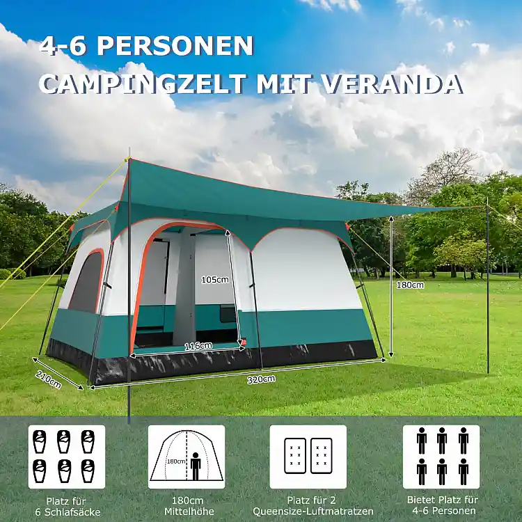 Costway Ευρύχωρη Οικογενειακή Σκηνή Camping με 2 Δωμάτια και Βεράντα, Αδιάβροχη με Εξαιρετικό Αερισμό και Εύκολη Συναρμολόγηση NP12016GN-S