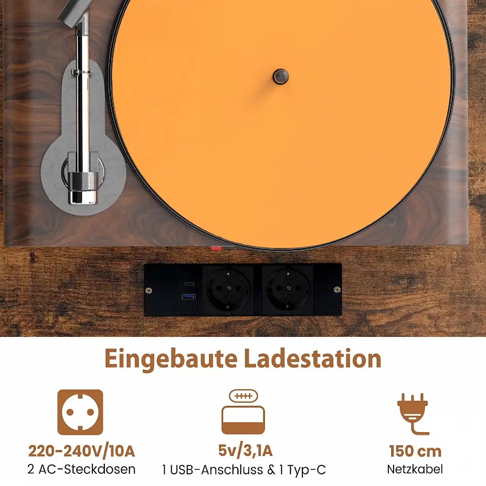 Costway Πολυλειτουργική Βάση Πικάπ 79,5 x 40 x 79 cm με Ενσωματωμένο Σταθμό Φόρτισης και Αποθηκευτικό Χώρο για Βινύλια JV12144DE-CF