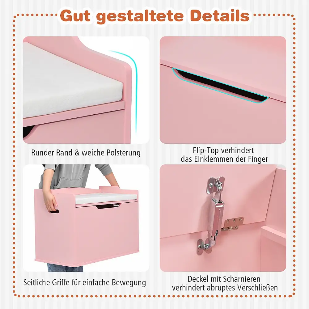 Costway Πολυχρηστικό Κουτί Αποθήκευσης Παιχνιδιών με Καπάκι Ασφαλείας και Μαξιλάρι Καθίσματος για Παιδιά TP10238PK