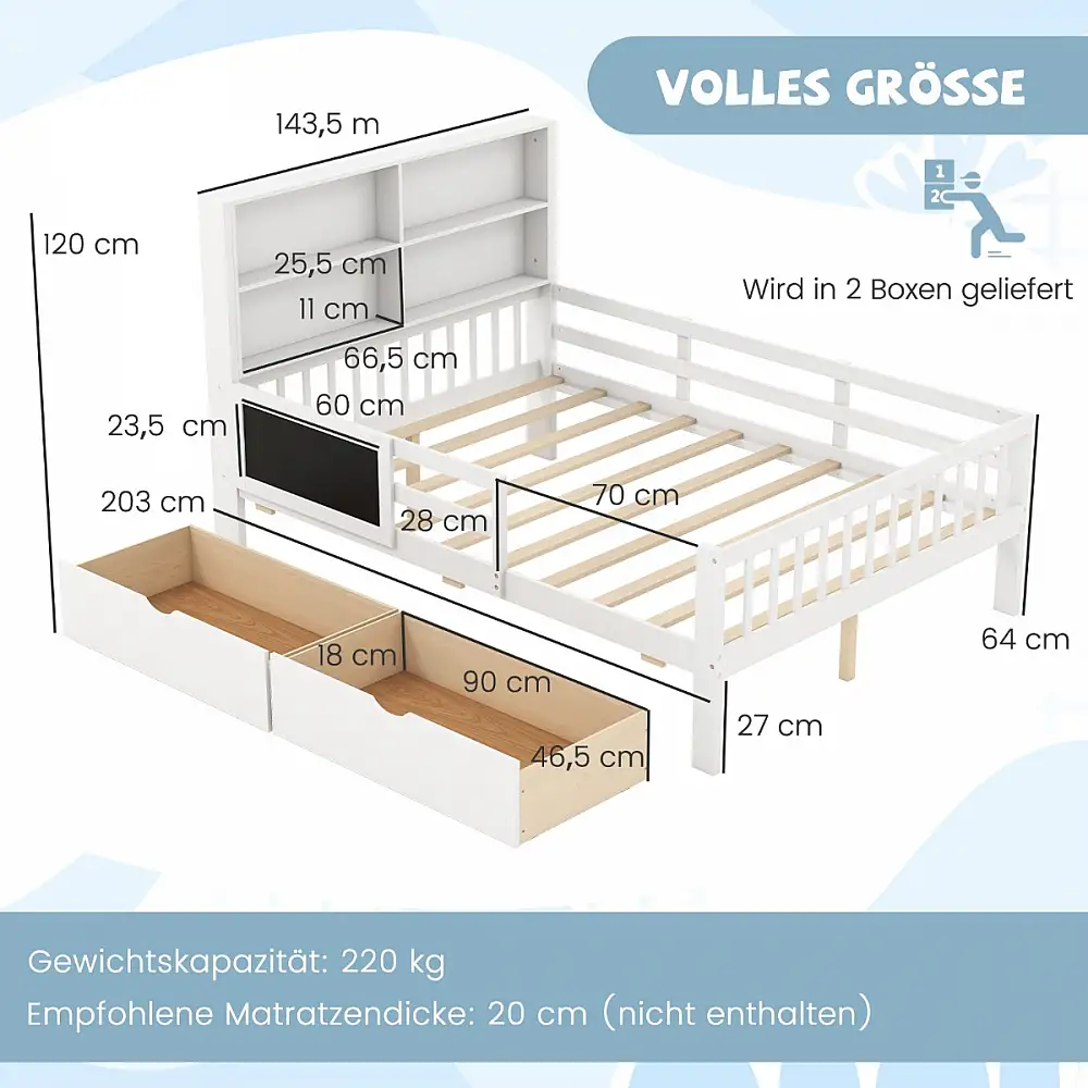 Costway Παιδικό Κρεβάτι από Μασίφ Ξύλο 140 x 200 cm με Αποθηκευτικό Χώρο, Ράφια και Πίνακα Ζωγραφικής HU10772WHD+