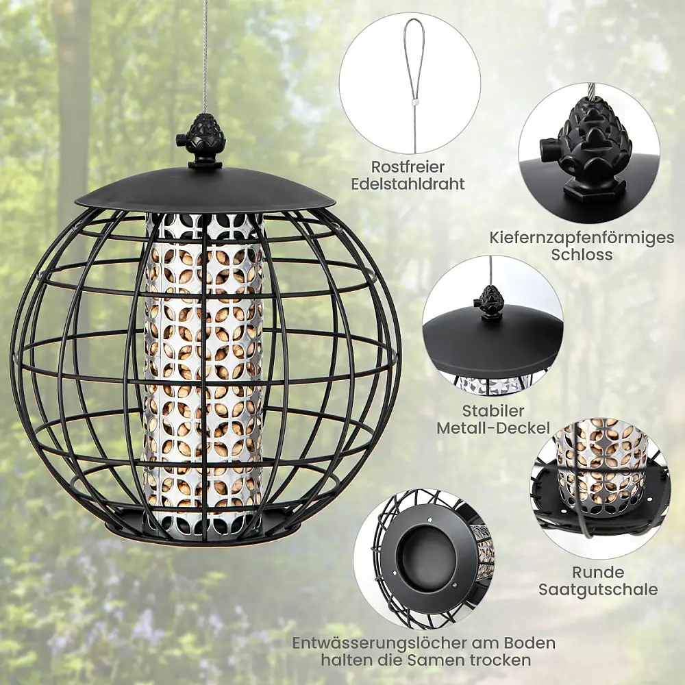 Costway Ανθεκτική Ταΐστρα Πουλιών κατά των Σκίουρων, Κρεμαστή, 21 x 22,5 εκ., Μαύρη GT4051