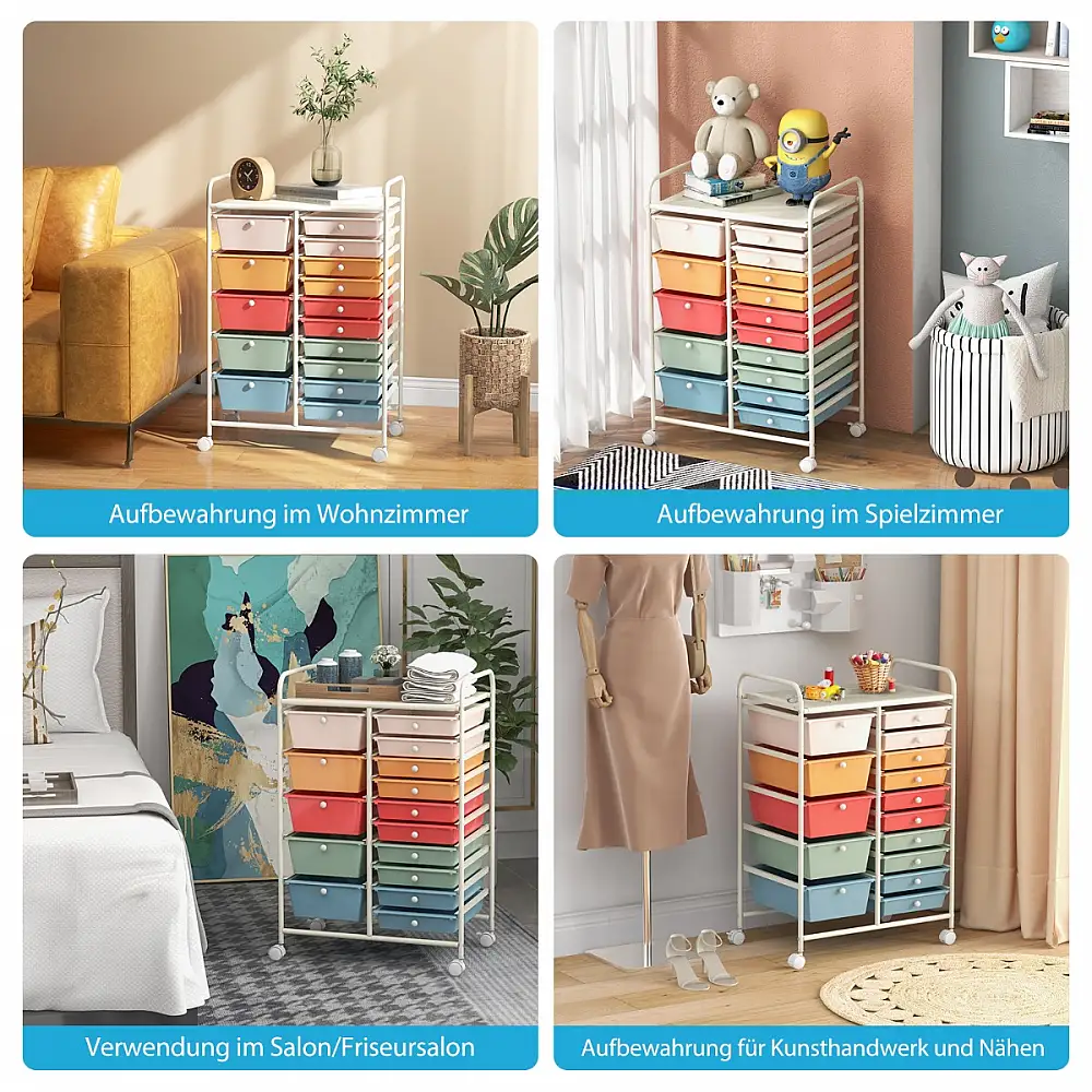 Costway Τροχήλατο καρότσι με 15 συρτάρια, μεταλλικό πλαίσιο, πολύχρωμο, 63 x 37 x 87 cm HW53825GW