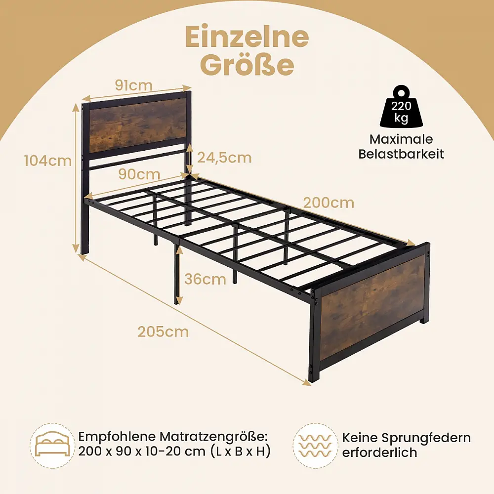 Costway Βιομηχανικό Κρεβάτι 90 x 200 cm με Κεφαλάρι & Τάβλες HU10502-S