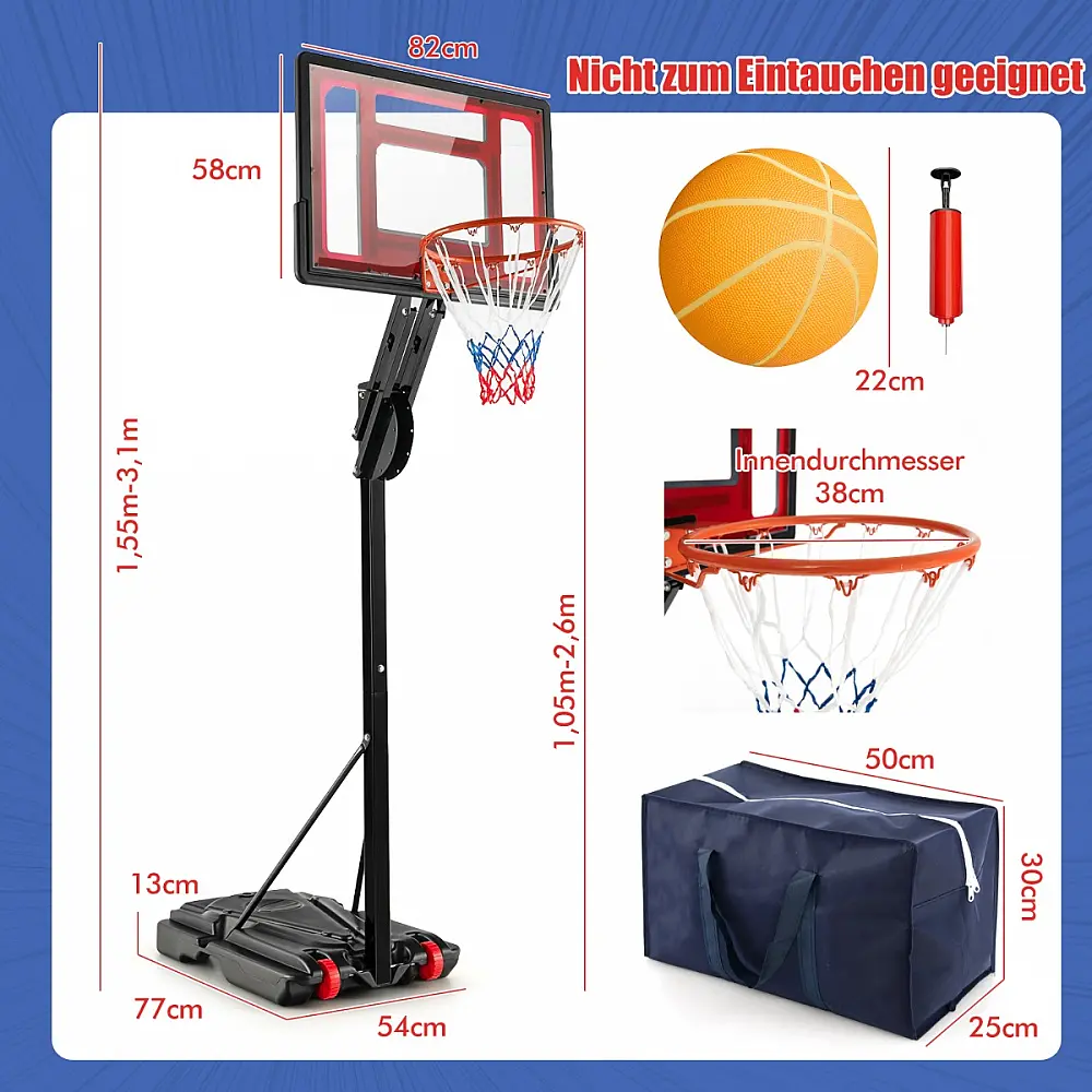 Costway Ρυθμιζόμενη Μπασκέτα 105-260 cm με Βάση & 2 Ρόδες SP38237