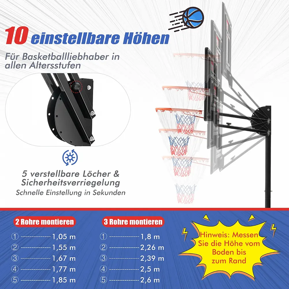 Costway Ρυθμιζόμενη Μπασκέτα 105-260 cm με Βάση & 2 Ρόδες SP38237 Costway Ρυθμιζόμενη Μπασκέτα 105-260 cm με Βάση & 2 Ρόδες SP38237