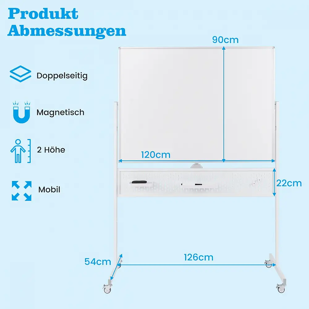 Costway Διπλής Όψης Κινητός Πίνακας 120x90 cm με Ρόδες & Βάση CB10728WH