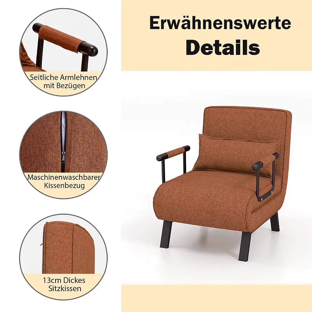 Costway Καμπριολέ Καναπές-Κρεβάτι Πολυθρόνα Ξαπλώστρα 5 Θέσεων Καφέ HV10417CF