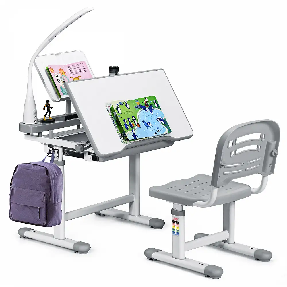 Costway Παιδικό Γραφείο Ρυθμιζόμενο με Λάμπα και Καρέκλα - Γκρι HW67394DE-GR