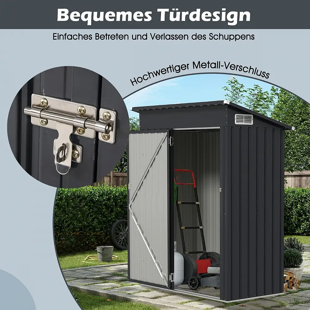 Costway Μεταλλικό Σπιτάκι Κήπου 1,5 m³ με Πλαγιαστή Στέγη Σκούρο Γκρι GT4222GR