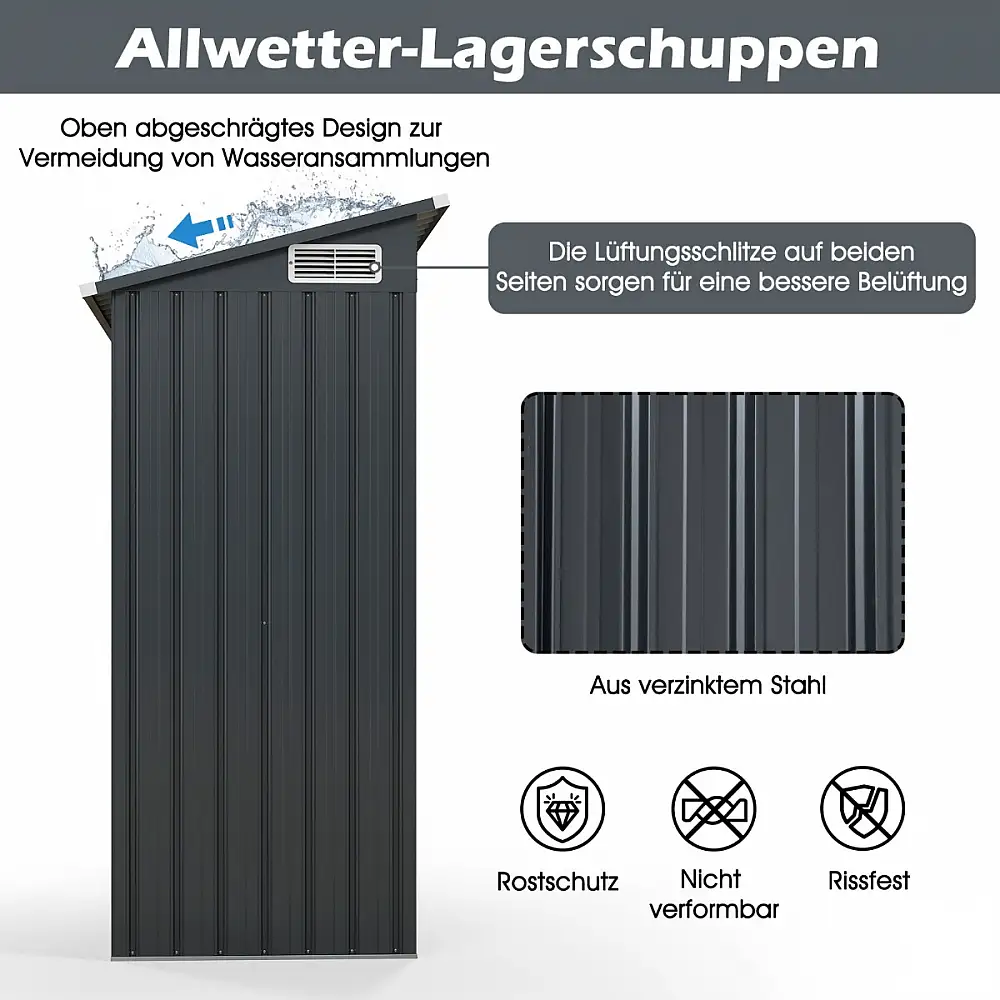 Costway Μεταλλικό Σπιτάκι Κήπου 1,5 m³ με Πλαγιαστή Στέγη Σκούρο Γκρι GT4222GR