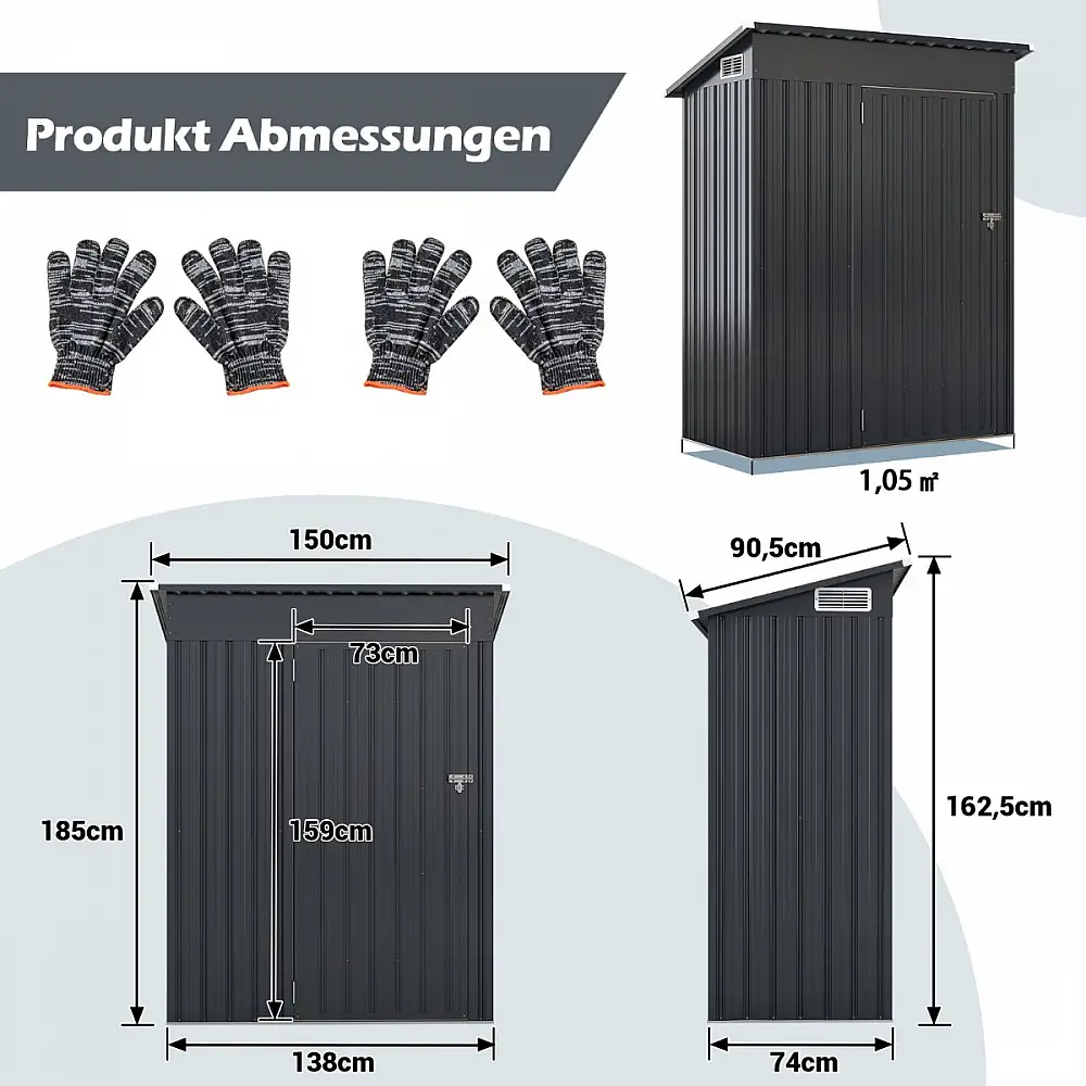 Costway Μεταλλικό Σπιτάκι Κήπου 1,5 m³ με Πλαγιαστή Στέγη Σκούρο Γκρι GT4222GR