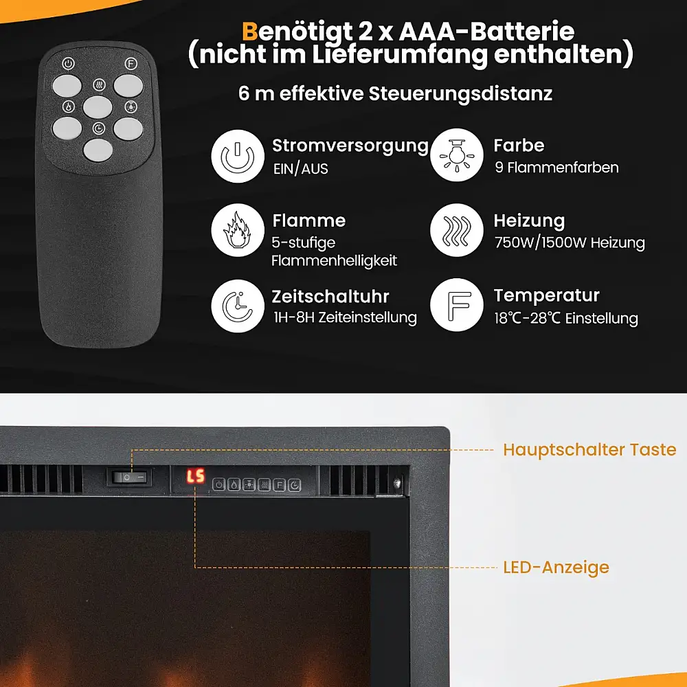 Costway Ηλεκτρικό Τζάκι για Εντοιχισμό ή Ελεύθερη Τοποθέτηση 91,5 x 14 x 45 cm FP10530DE-36