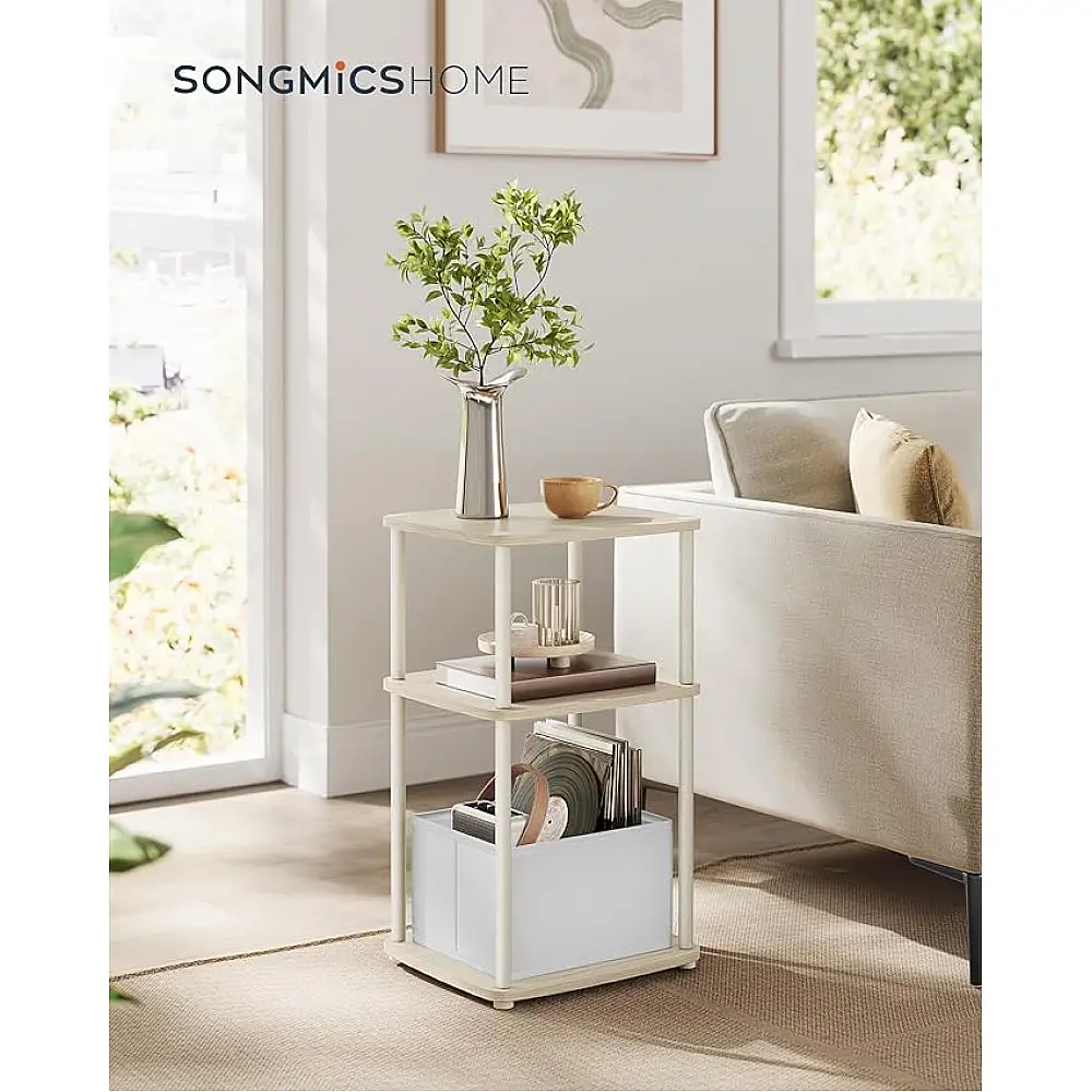 SONGMICS Μοντέρνο Πλαϊνό Τραπέζι 34x30x58cm με 3 Ράφια και Υφασμάτινο Καλάθι σε Μπεζ Χρώμα LET286N01