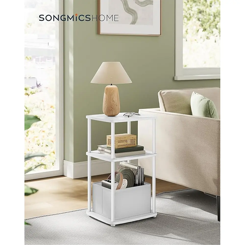 SONGMICS Λευκό Μοντέρνο Κομοδίνο 34x30x58cm με 3 Ράφια και Υφασμάτινο Καλάθι LET286W01