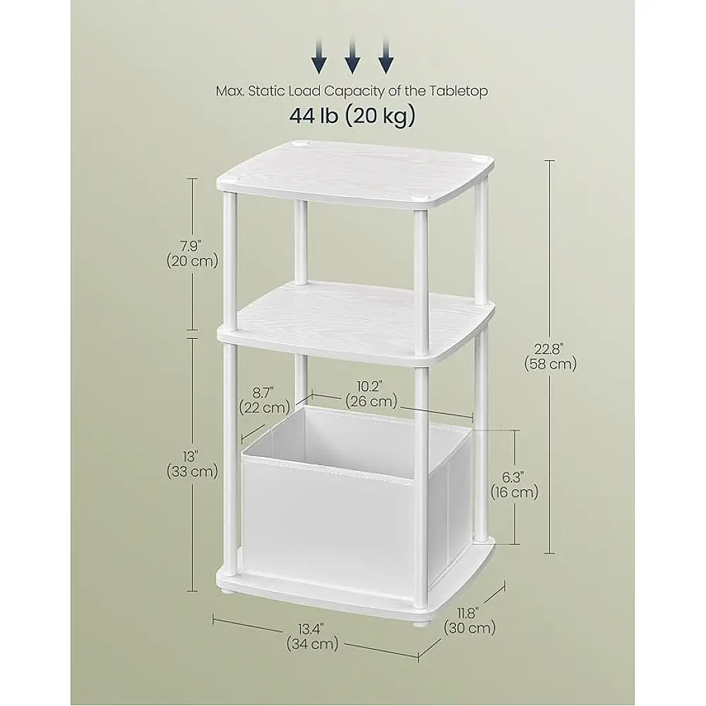 SONGMICS Λευκό Μοντέρνο Κομοδίνο 34x30x58cm με 3 Ράφια και Υφασμάτινο Καλάθι LET286W01