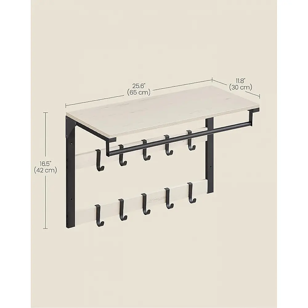 VASAGLE Ράφι Τοίχου 65x30x30cm με Αφαιρούμενους Γάντζους και Κρεμαστή Ράγα σε Ρουστίκ Λευκό LCR101W03