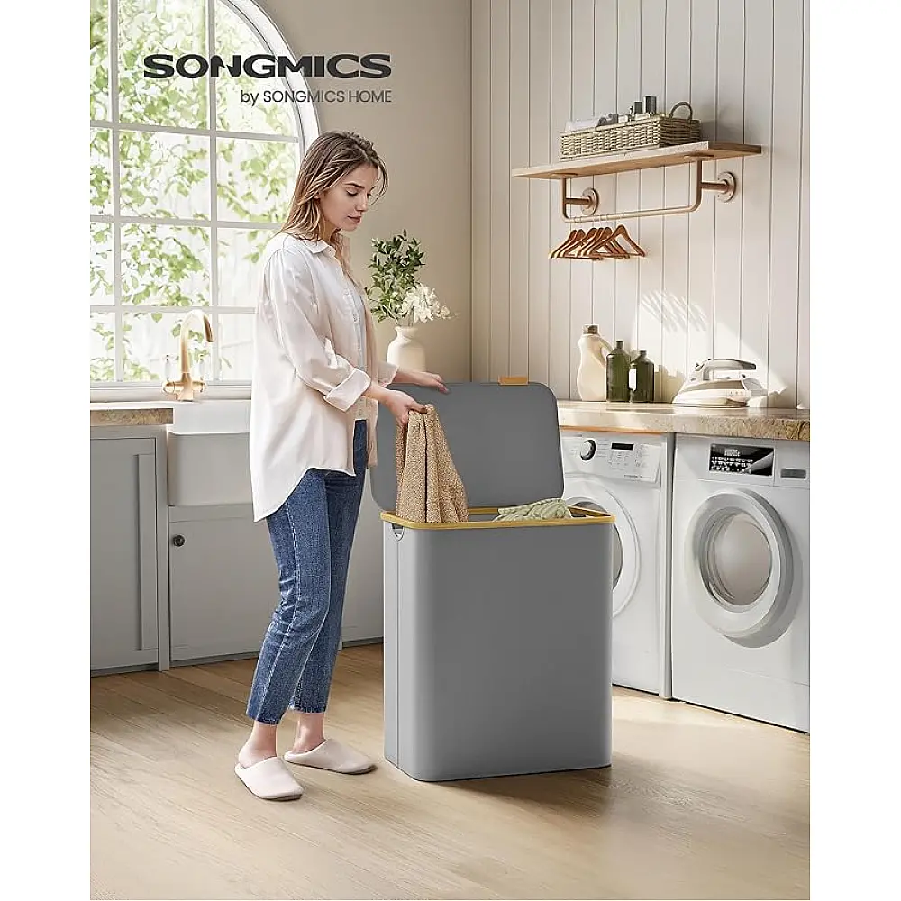 SONGMICS Μεγάλο Καλάθι Ρούχων 150L με Καπάκι και 3 Θήκες, Γκρι, 60x38.5x70.5cm LCB515G01V1