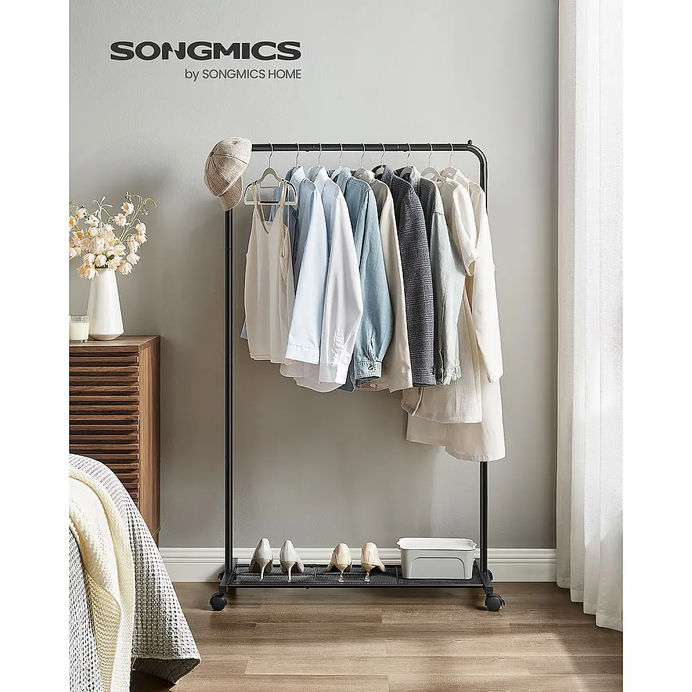 SONGMICS Κινητή Ράγα Ρούχων με Μεταλλικό Ράφι και Ρόδες 90.5x40.5x158 εκ. HSR25BK