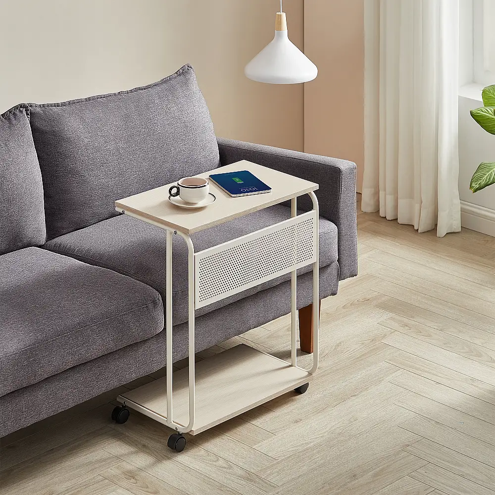 VASAGLE Πλευρικό Τραπέζι C-Σχήματος με Ρόδες και Μεταλλικό Πλαίσιο, Κρεμ Λευκό, 55x33x66cm LET812L67