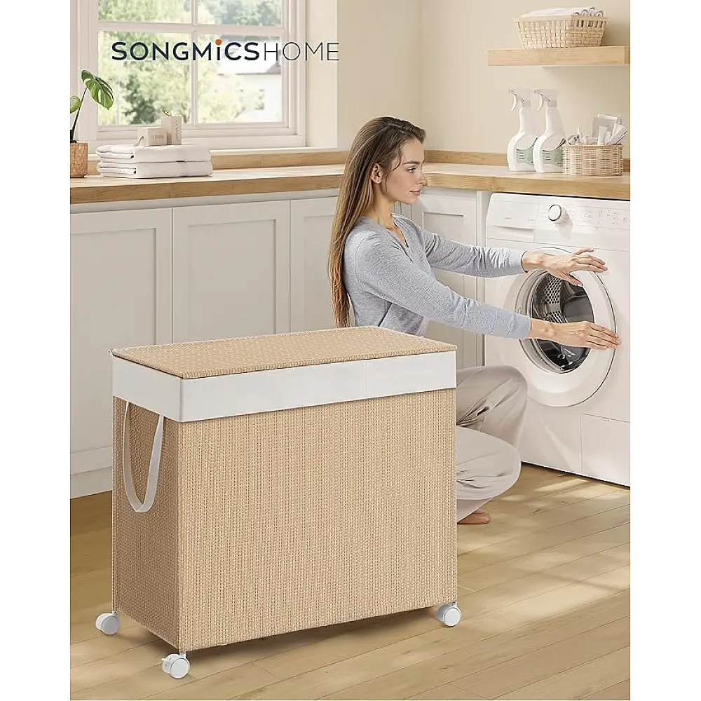 SONGMICS Ανθεκτικό Καλάθι Ρούχων Rattan με Καπάκι και Ρόδες 66.5x37.5x65 εκ. LCB602N01