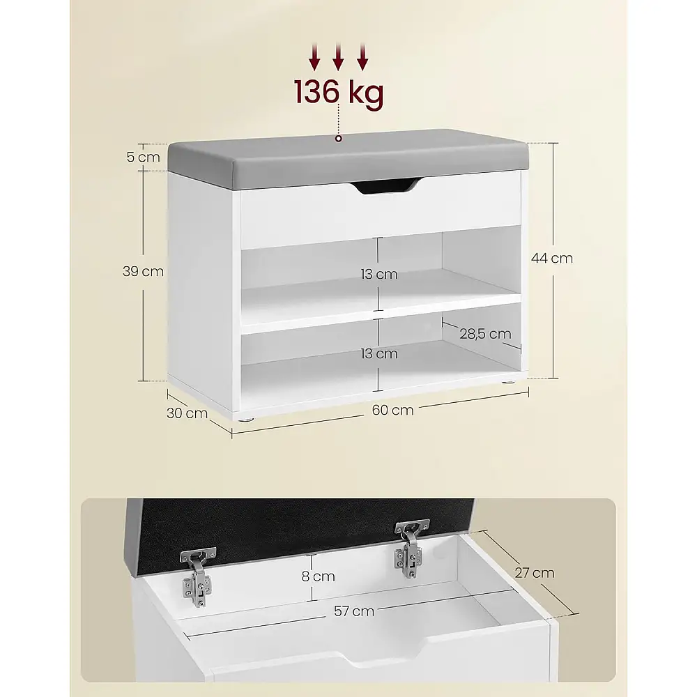 VASAGLE Λευκός Πάγκος Παπουτσιών με Αποθηκευτικό Χώρο 60x30x44 εκ. LHS020W01