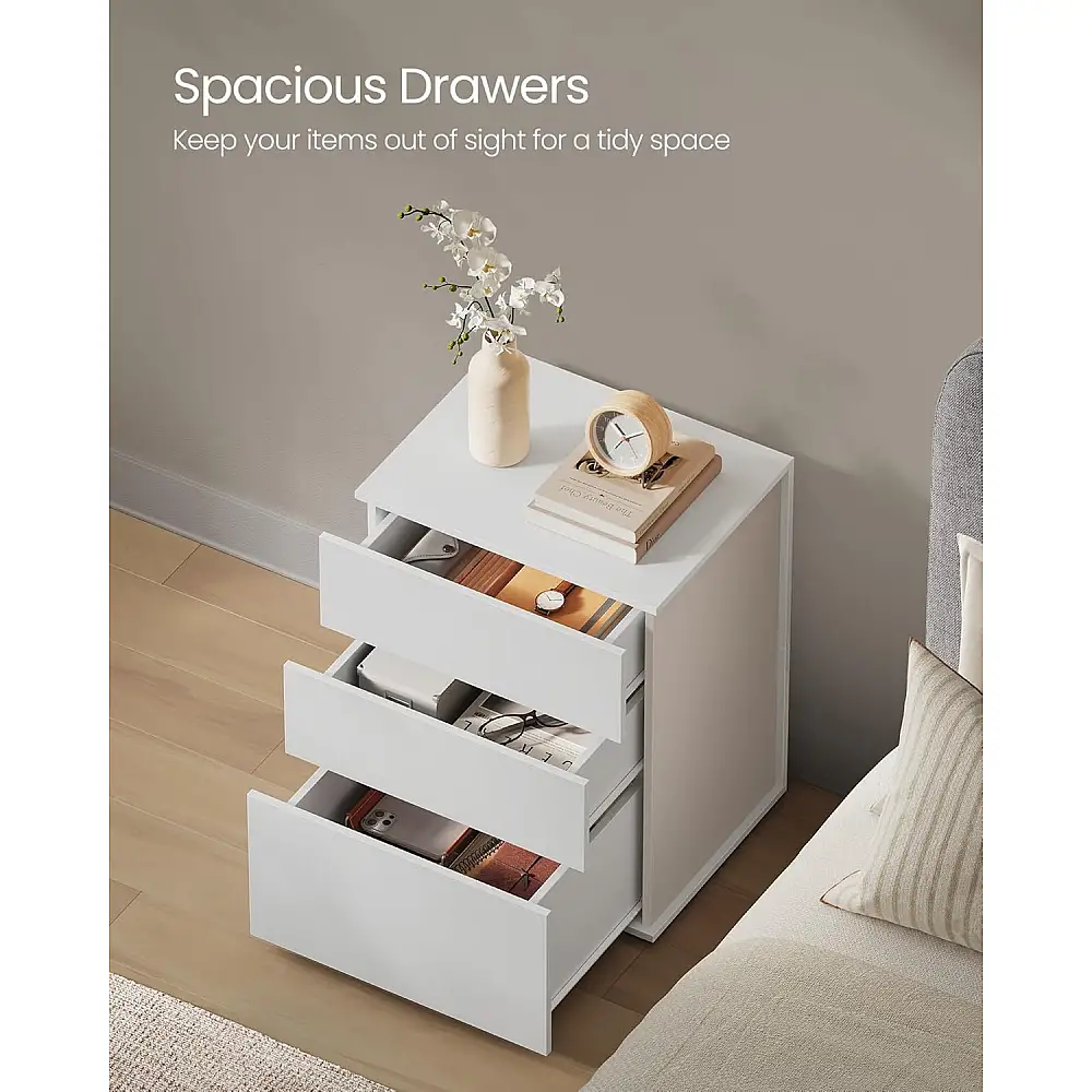 VASAGLE Κομοδίνο 45x35x58.7cm με 3 Συρτάρια, Χωρίς Εργαλεία Συναρμολόγησης, Λευκό & Μπεζ Καπουτσίνο LET778W01