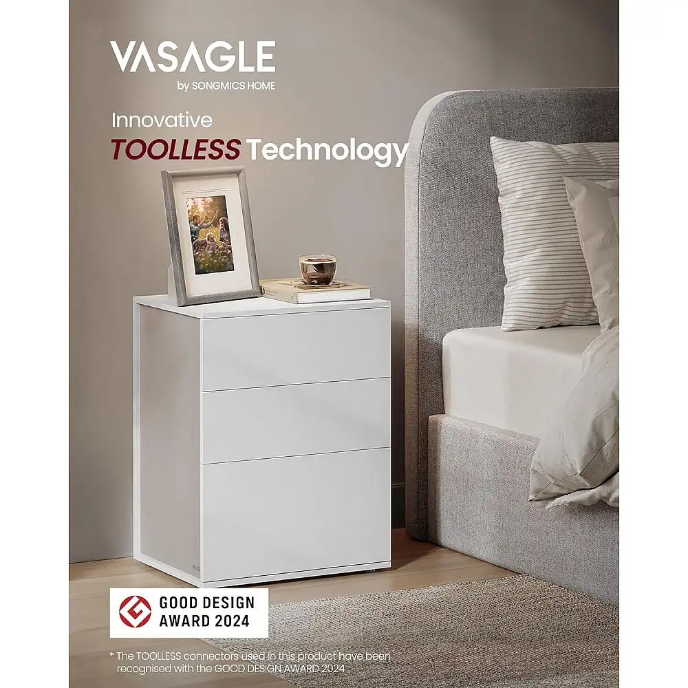 VASAGLE Κομοδίνο 45x35x58.7cm με 3 Συρτάρια, Χωρίς Εργαλεία Συναρμολόγησης, Λευκό & Μπεζ Καπουτσίνο LET778W01