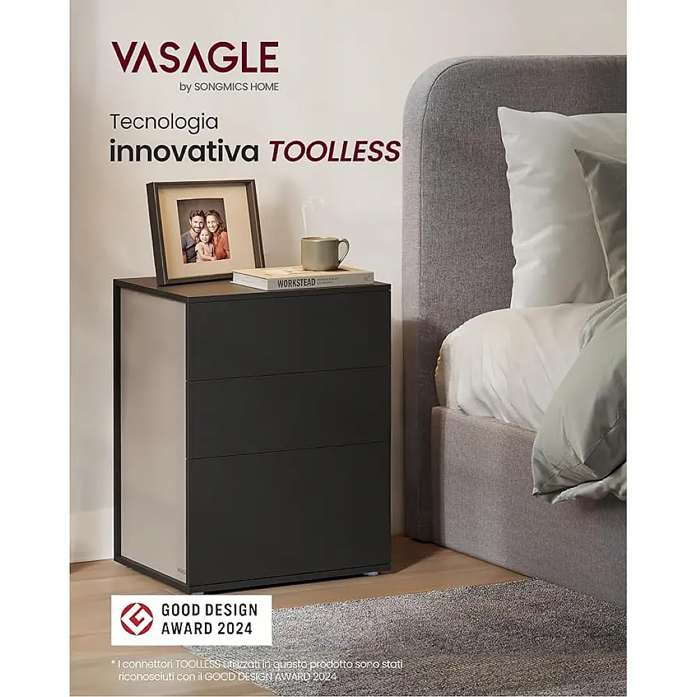 VASAGLE Μοντέρνο Κομοδίνο 45x35x58.7cm με 3 Συρτάρια, Χωρίς Εργαλεία Συναρμολόγησης, Ink Black + Cappuccino Beige LET778B01