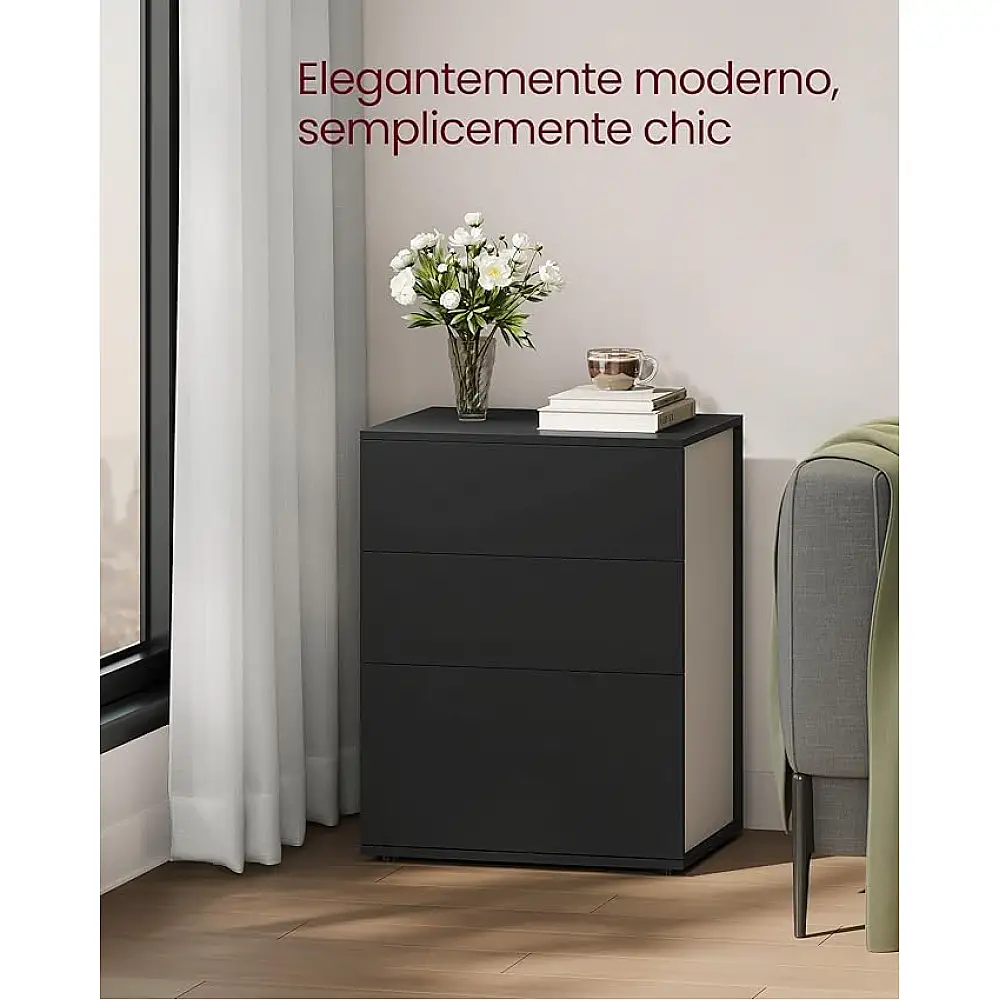 VASAGLE Μοντέρνο Κομοδίνο 45x35x58.7cm με 3 Συρτάρια, Χωρίς Εργαλεία Συναρμολόγησης, Ink Black + Cappuccino Beige LET778B01