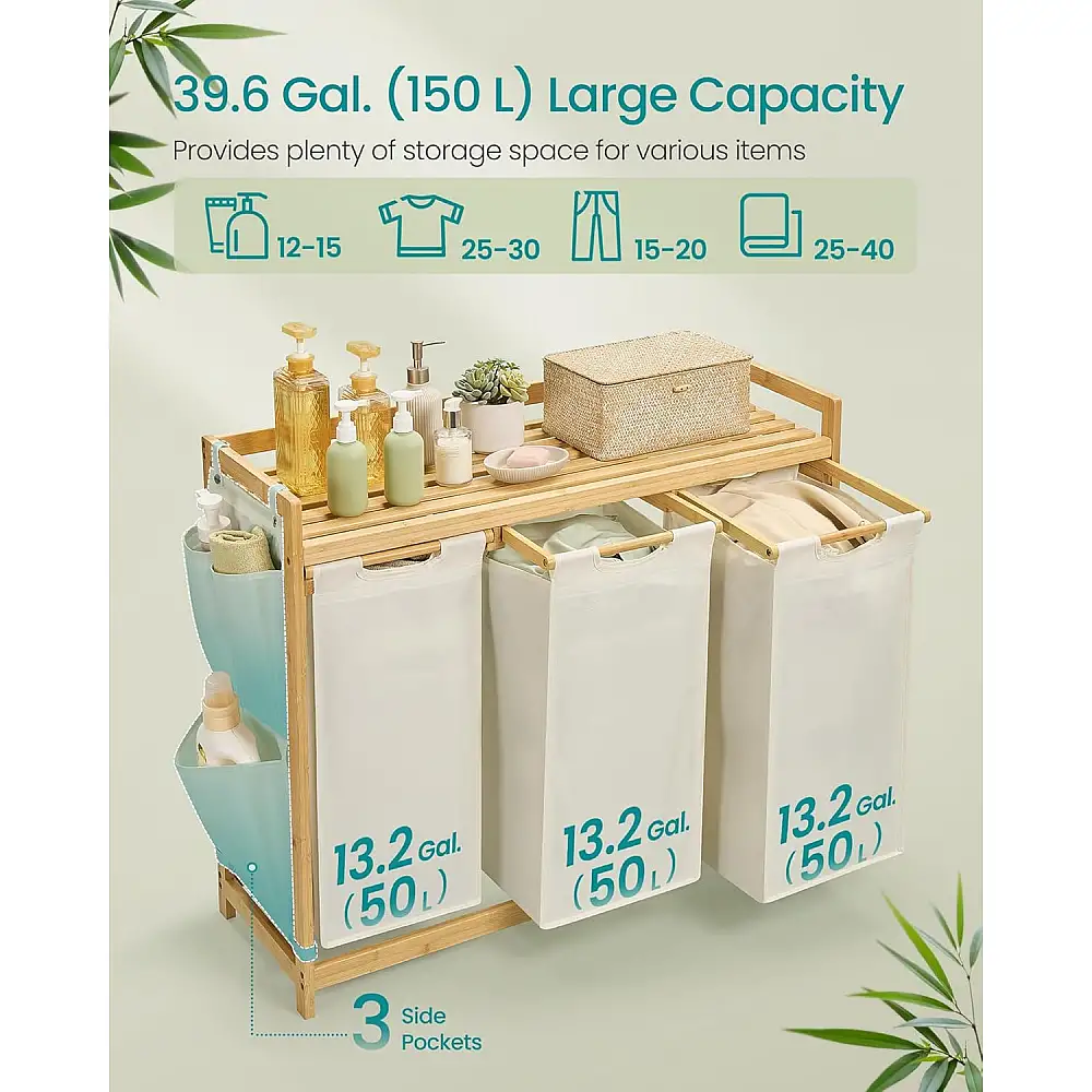 SONGMICS Καλάθι Ρούχων με 3 Διαμερίσματα και Ράφι Αποθήκευσης από Μπαμπού 98x33x78cm RLH115W01