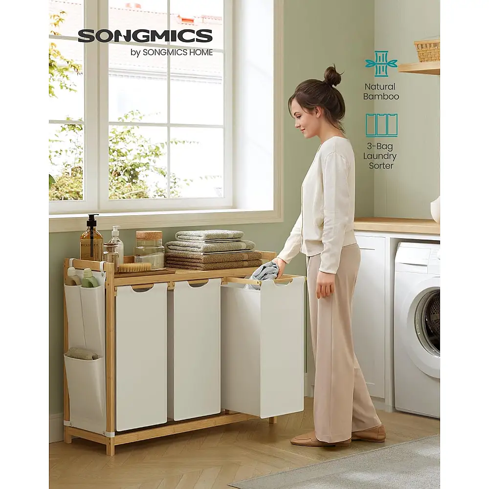 SONGMICS Καλάθι Ρούχων με 3 Διαμερίσματα και Ράφι Αποθήκευσης από Μπαμπού 98x33x78cm RLH115W01