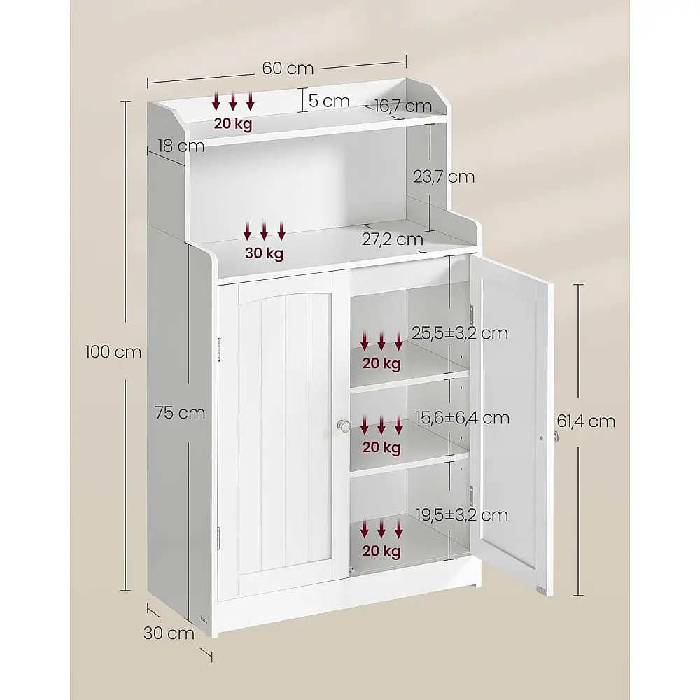 VASAGLE Ντουλάπι Μπάνιου 60x30x110cm με Ρυθμιζόμενα Ράφια και Ασφαλή Στήριξη BBC770W01