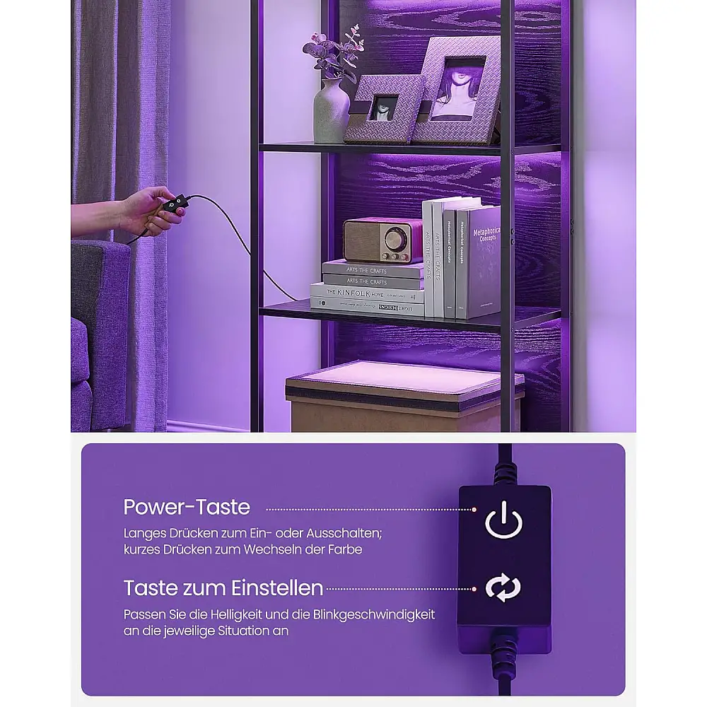 VASAGLE Ρυθμιζόμενη Βιβλιοθήκη LED 178cm με Τηλεχειριστήριο - Ebony Black 60x30.3cm LLS120B57