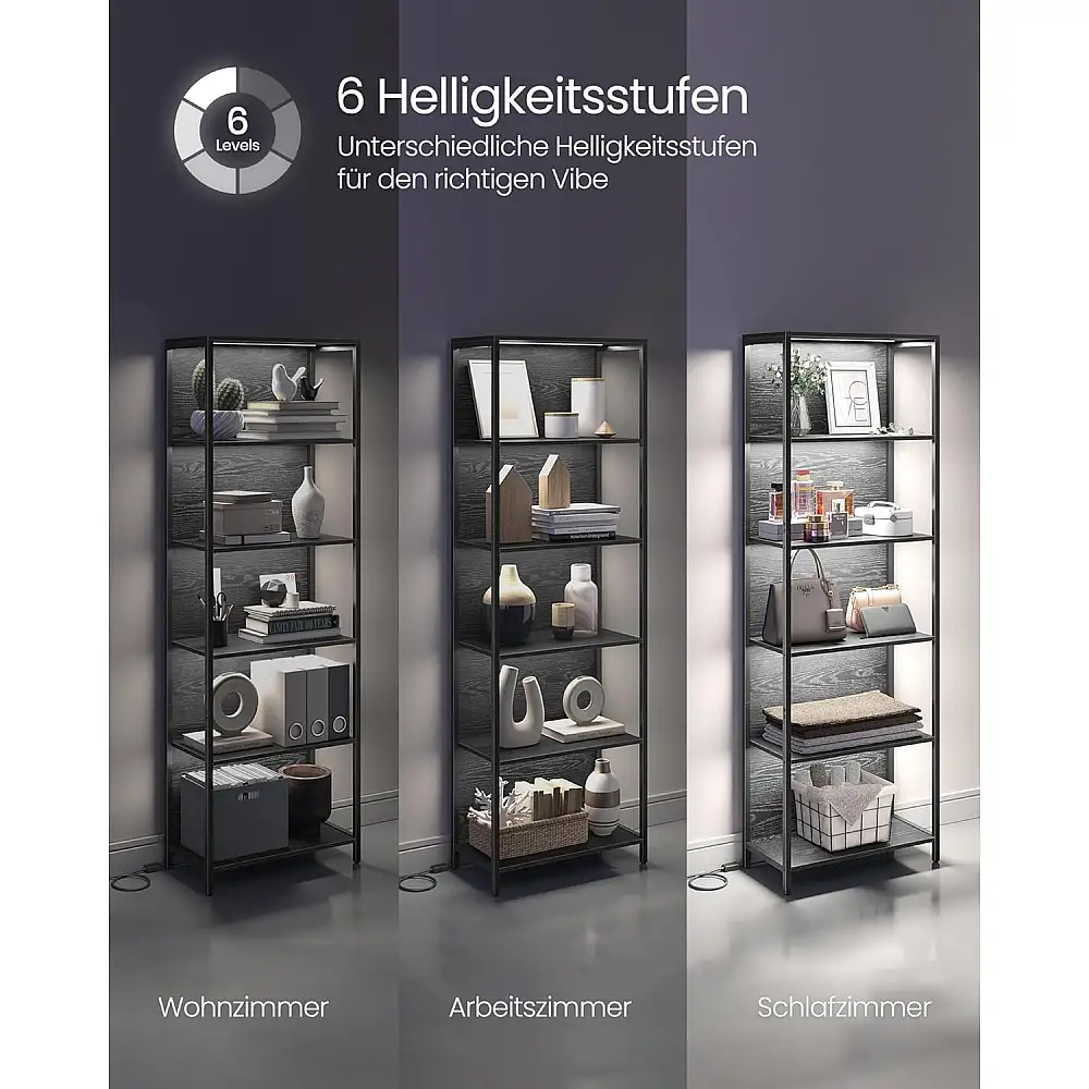 VASAGLE Ρυθμιζόμενη Βιβλιοθήκη LED 178cm με Τηλεχειριστήριο - Ebony Black 60x30.3cm LLS120B57