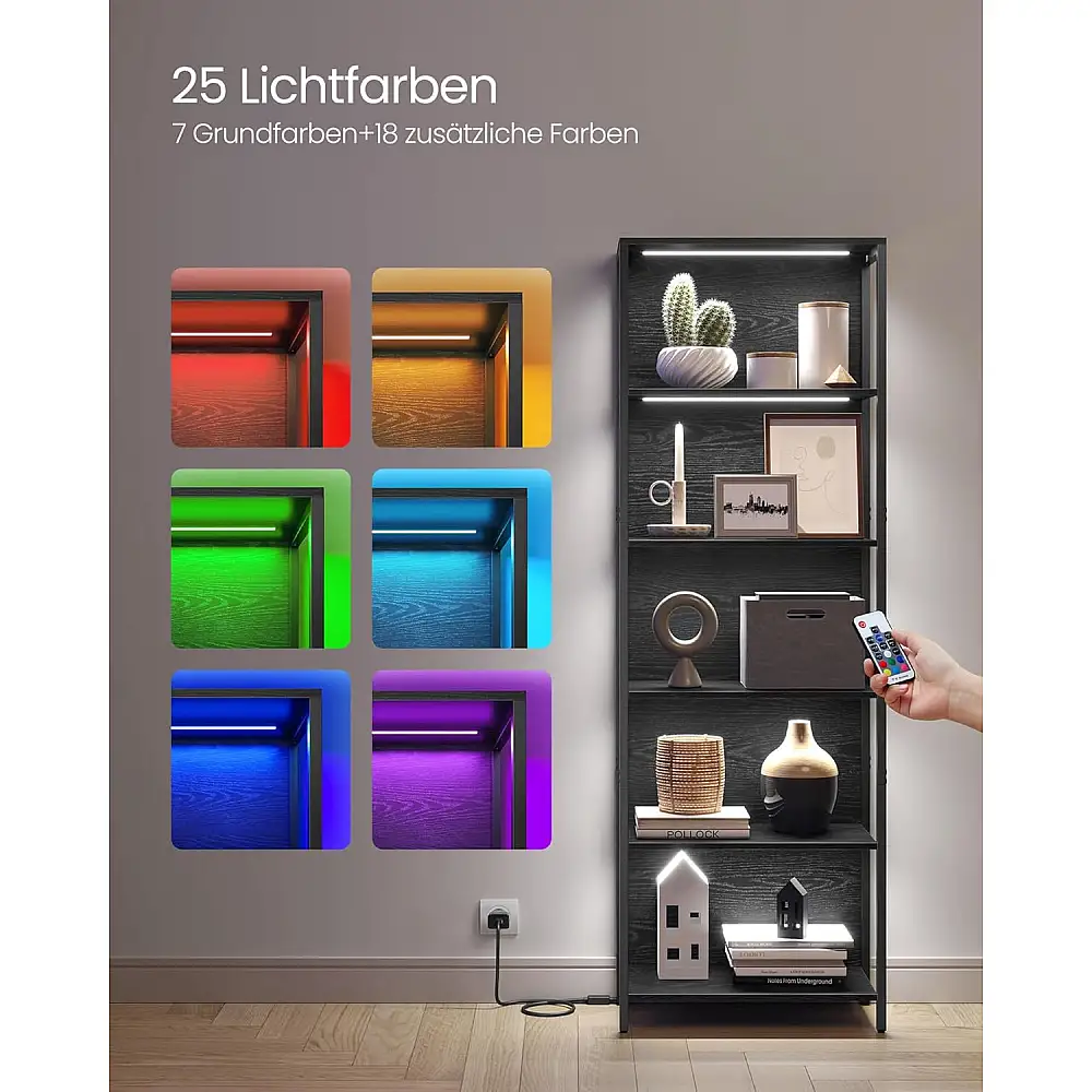 VASAGLE Ρυθμιζόμενη Βιβλιοθήκη LED 178cm με Τηλεχειριστήριο - Ebony Black 60x30.3cm LLS120B57