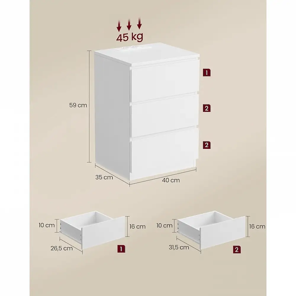 VASAGLE Κομοδίνο 40x35x59cm με Πρίζα και USB Θύρες σε Λευκό Χρώμα LET831W14V1