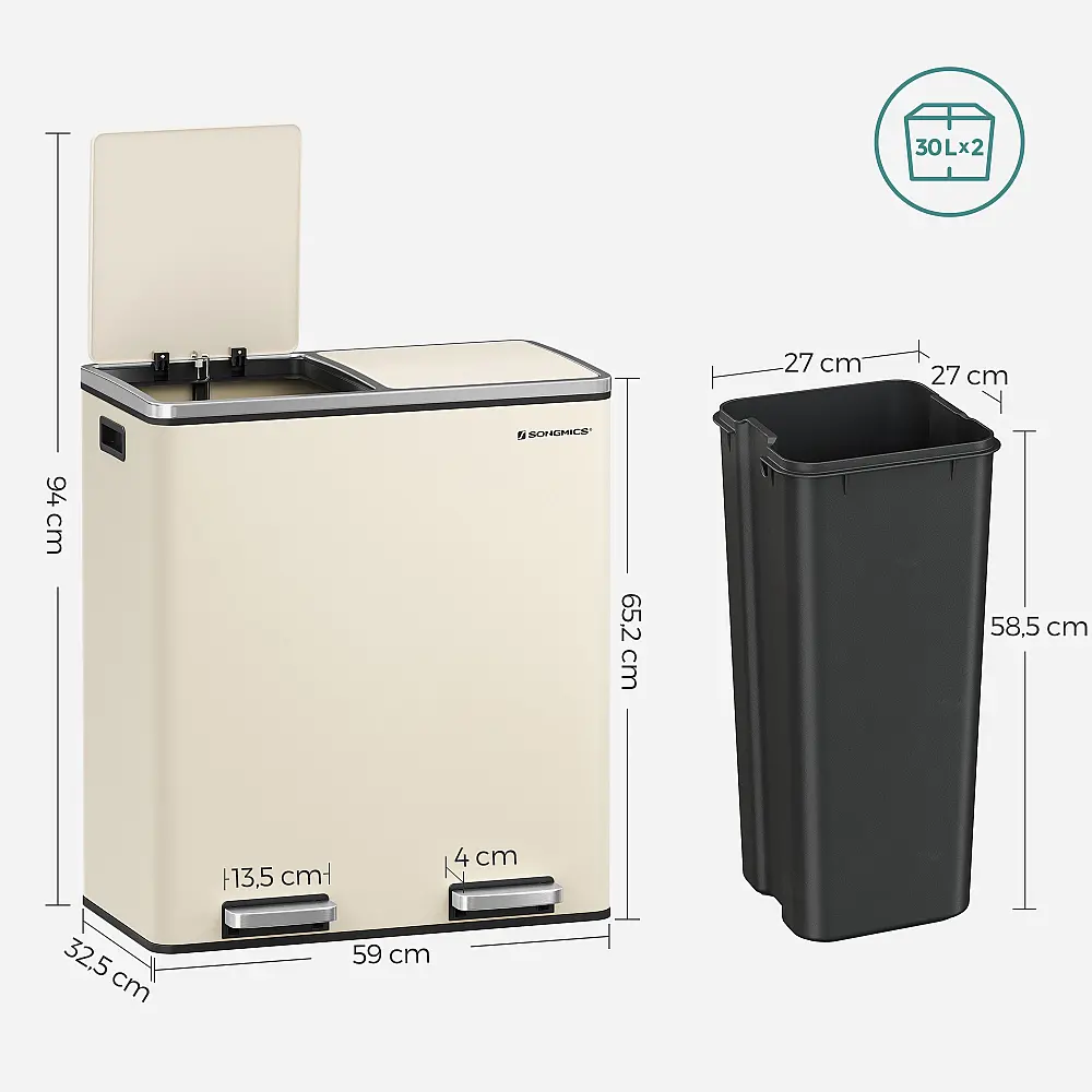 SONGMICS Δίχρωμος Κάδος Απορριμμάτων 60L με Απαλό Κλείσιμο και Πεντάλ 58.5x36x65cm LTB060A01