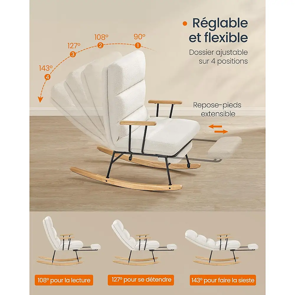 SONGMICS Λευκή Πολυθρόνα Κουνιστή με Ρυθμιζόμενη Πλάτη και Επεκτάσιμο Υποπόδιο - Ιδανική για Χαλάρωση και Άνεση LYY016W01