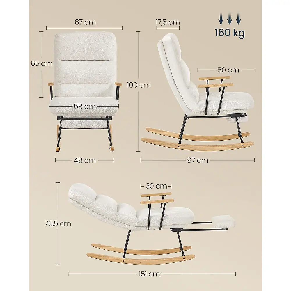 SONGMICS Λευκή Πολυθρόνα Κουνιστή με Ρυθμιζόμενη Πλάτη και Επεκτάσιμο Υποπόδιο - Ιδανική για Χαλάρωση και Άνεση LYY016W01