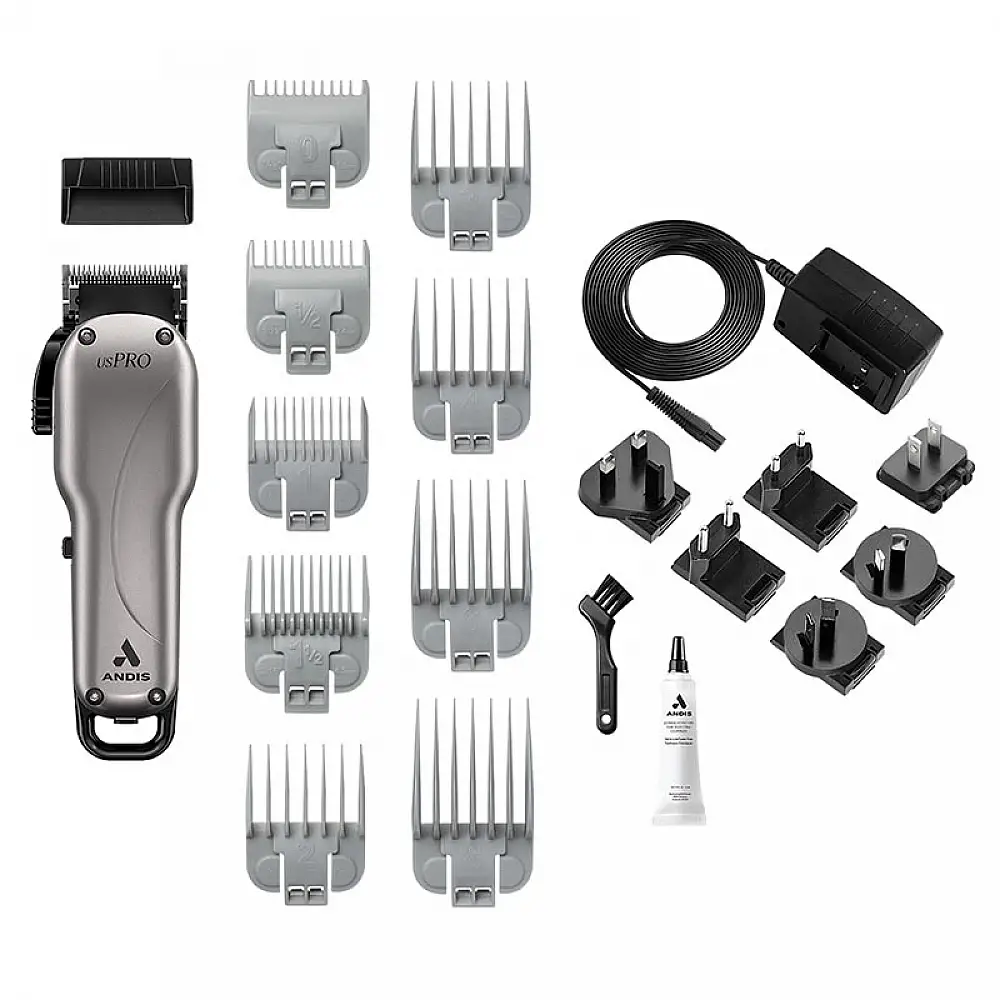 Επαγγελματική Κουρευτική Μηχανή Ρεύματος - Επαναφορτιζόμενη με 9 Χτενάκια Ασημί 73135 ANDIS