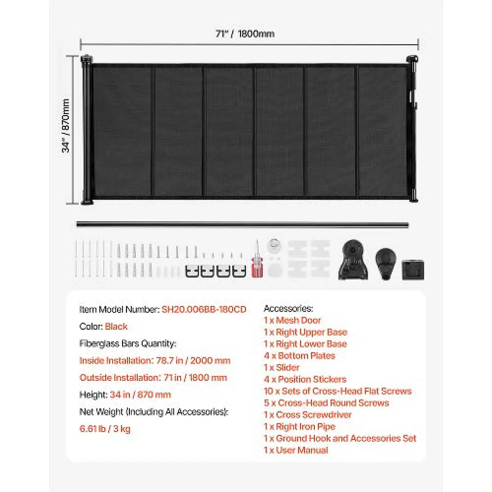 VEVOR Πτυσσόμενη Παιδική Πύλη 870mm Ύψος 1800mm Πλάτος Μαύρη WZSSMHS71INC4MESX001V0