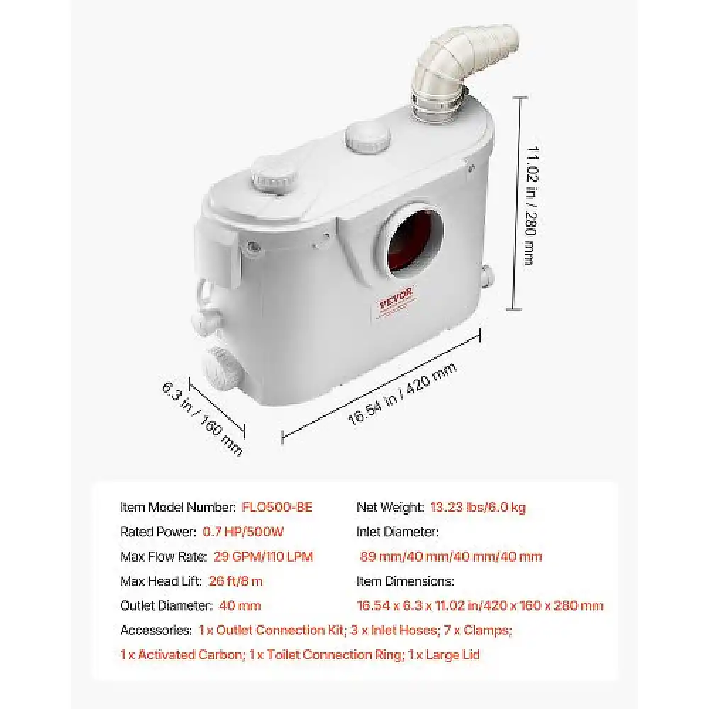 VEVOR Αντλία Μακερατέρ 500W για Τουαλέτα και Νιπτήρα Υπογείου MTJZBXWG500W68UQ8V2
