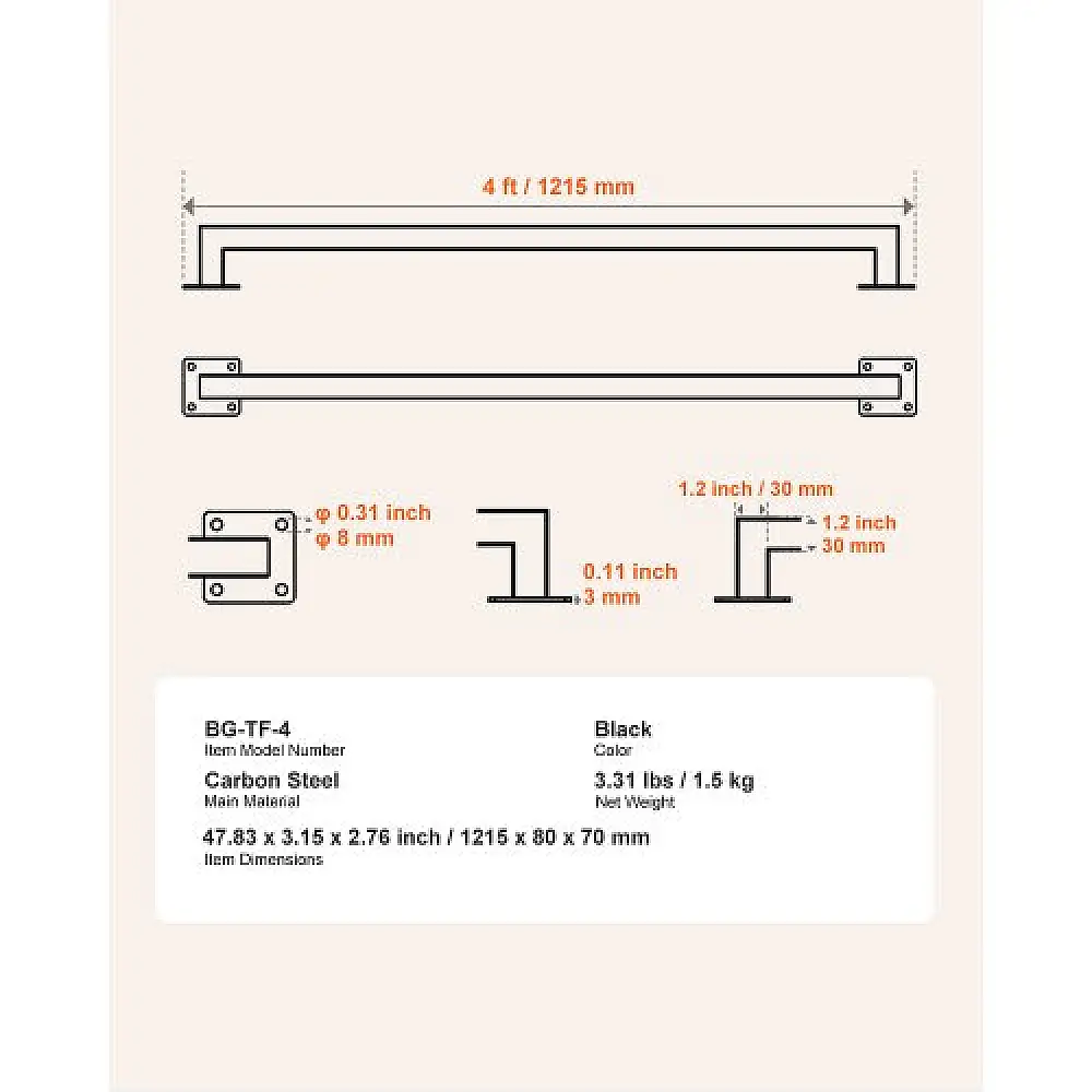 VEVOR Μαύρο Σιδερένιο Κουπαστό Τοίχου 1215mm BGSTZFGFS4FT52DQA001V0