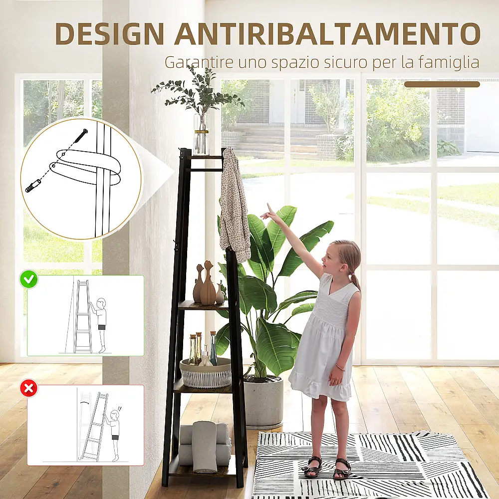 HOMCOM Καλόγερος με 8 Γάντζους, 3 Ράφια, 34x34x170 εκ, Καφέ 850-343V00RB