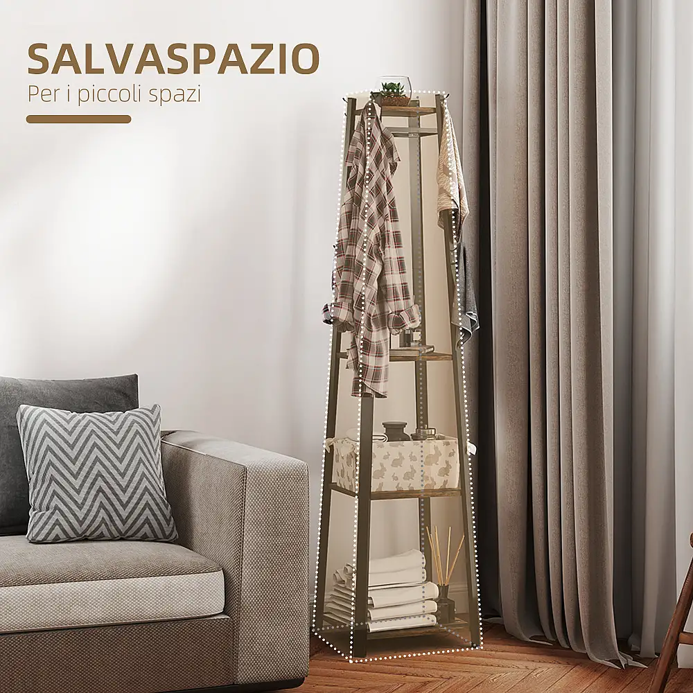 HOMCOM Καλόγερος με 8 Γάντζους, 3 Ράφια, 34x34x170 εκ, Καφέ 850-343V00RB