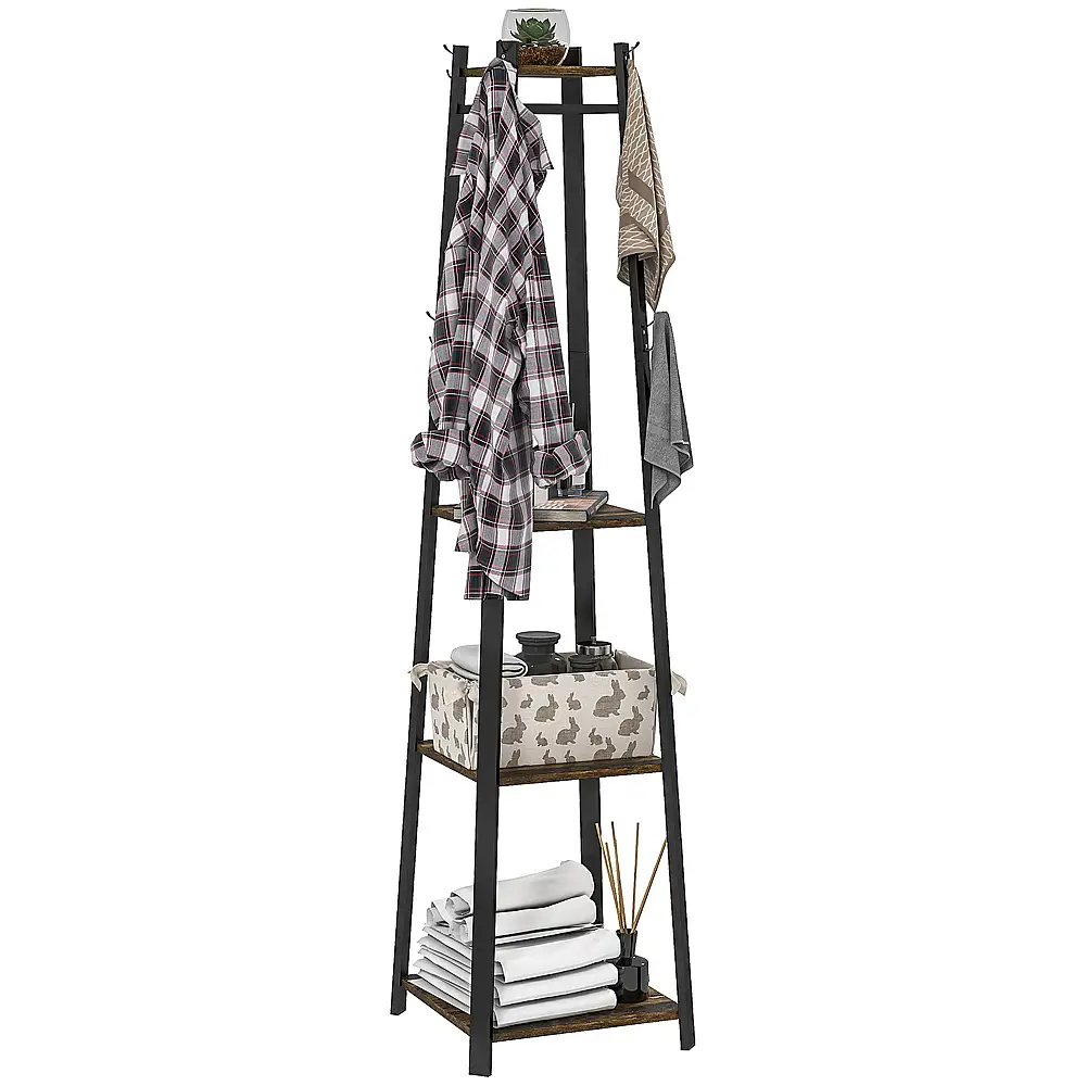 HOMCOM Καλόγερος με 8 Γάντζους, 3 Ράφια, 34x34x170 εκ, Καφέ 850-343V00RB