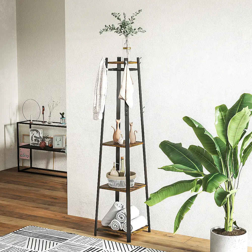 HOMCOM Καλόγερος με 8 Γάντζους, 3 Ράφια, 34x34x170 εκ, Καφέ 850-343V00RB