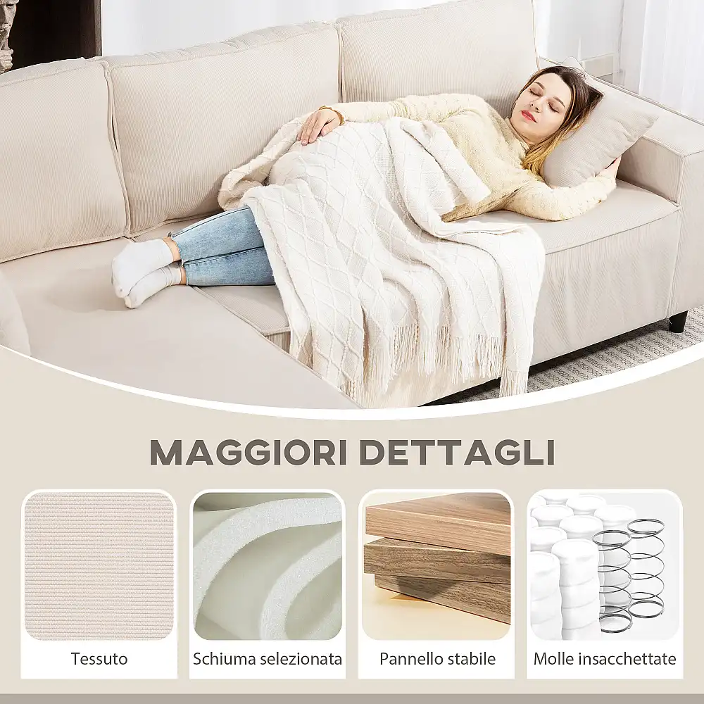 HOMCOM Τριθέσιος Καναπές με Χαμηλή Πλάτη, 241x153x83 εκ., Λευκό Κρεμ 83B-352V00CW