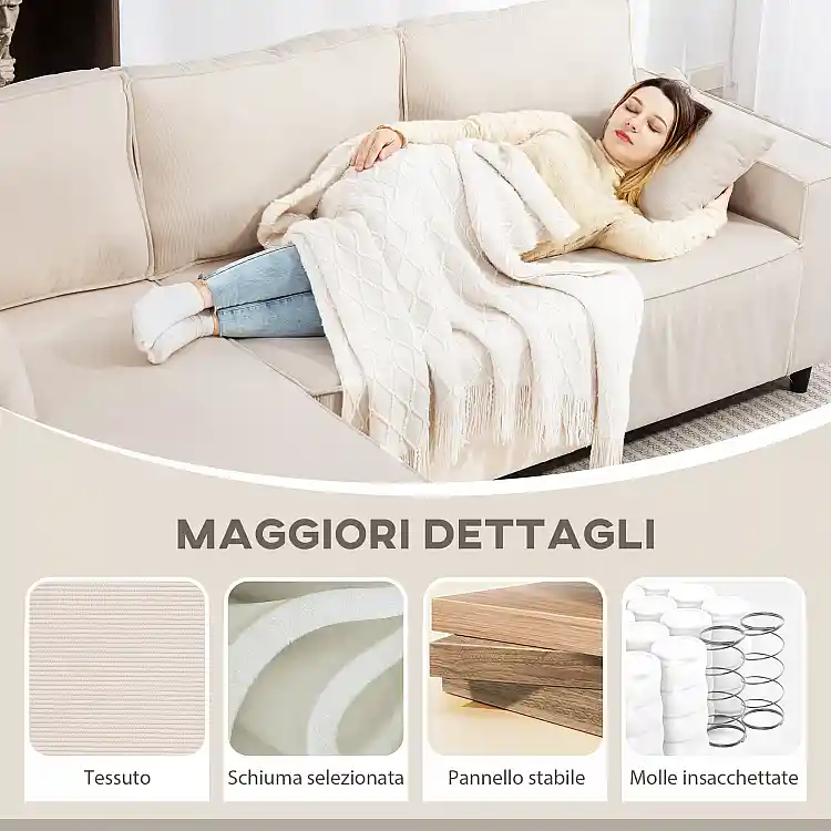 HOMCOM Τριθέσιος Καναπές με Χαμηλή Πλάτη, 241x153x83 εκ., Λευκό Κρεμ 83B-352V00CW