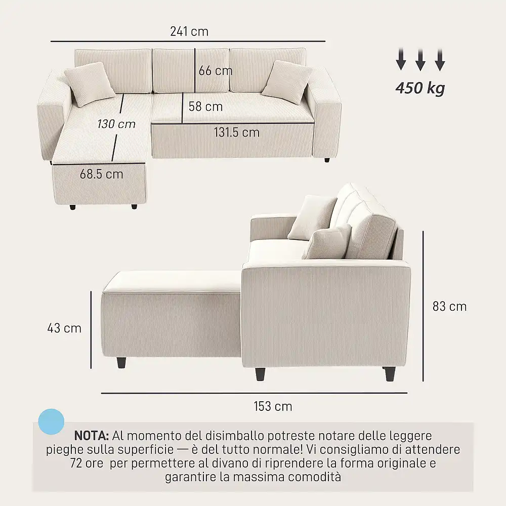 HOMCOM Τριθέσιος Καναπές με Χαμηλή Πλάτη, 241x153x83 εκ., Λευκό Κρεμ 83B-352V00CW